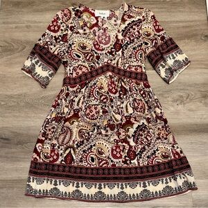 ba&sh Paisley Patterned Dress in Purple and Cream in 100% Viscose w/ side Zipper